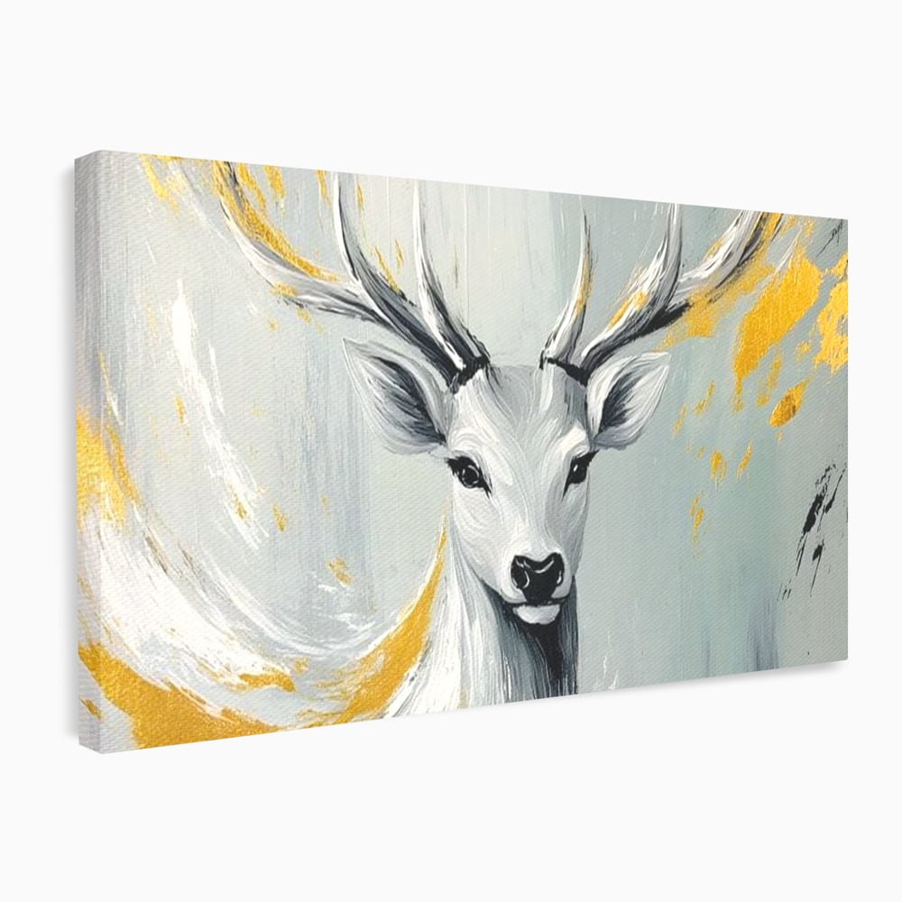 Tablou Canvas Premium, LuxCanva® M1249, Sufletul Alb al Padurii, Cerb, Auriu, Pictura, Alb, Eteric, Artistic, Oniric, Elegant, Nobil, Portret, Coarne, Birou, Living, Camera Copil