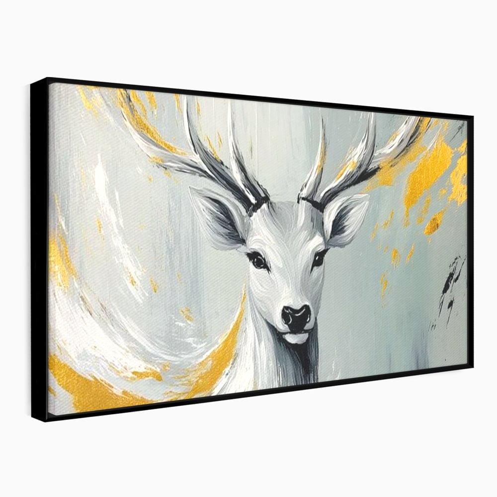Tablou Canvas Premium, LuxCanva® M1249, Sufletul Alb al Padurii, Cerb, Auriu, Pictura, Alb, Eteric, Artistic, Oniric, Elegant, Nobil, Portret, Coarne, Birou, Living, Camera Copil