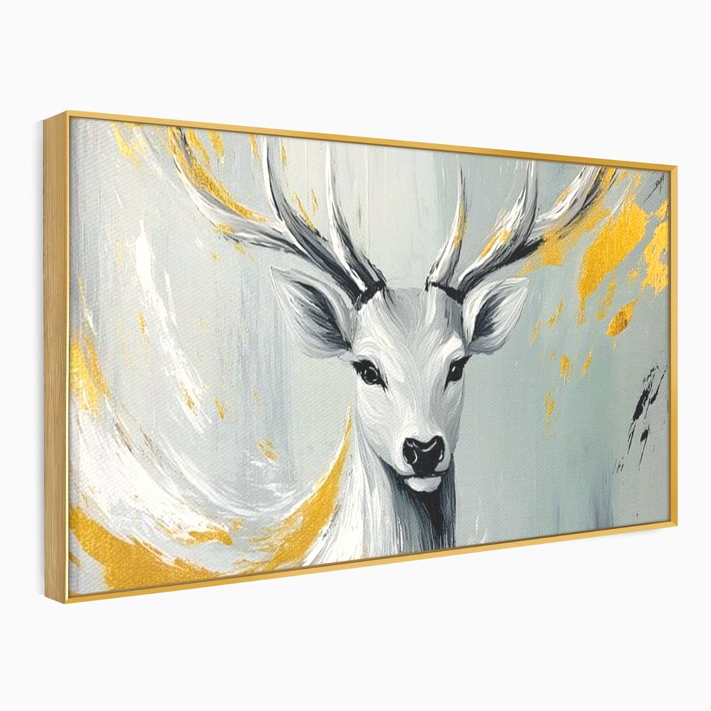 Tablou Canvas Premium, LuxCanva® M1249, Sufletul Alb al Padurii, Cerb, Auriu, Pictura, Alb, Eteric, Artistic, Oniric, Elegant, Nobil, Portret, Coarne, Birou, Living, Camera Copil