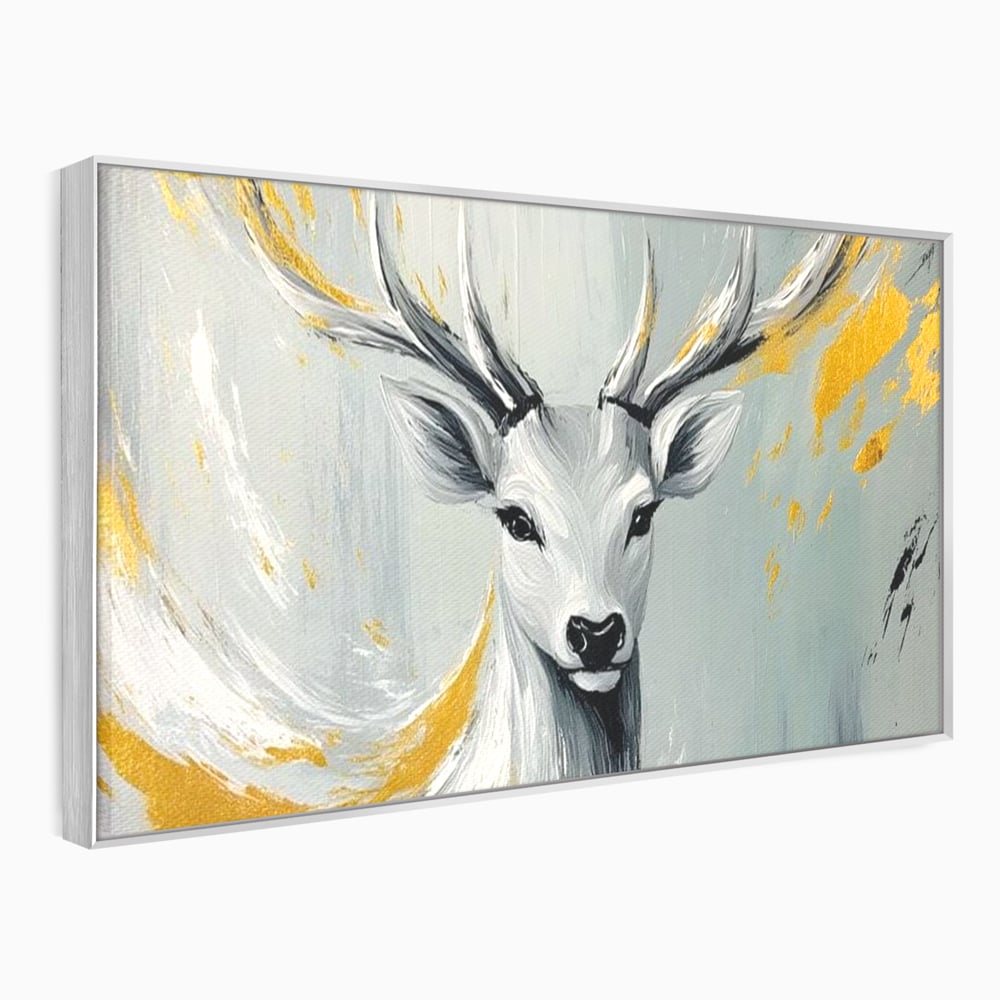 Tablou Canvas Premium, LuxCanva® M1249, Sufletul Alb al Padurii, Cerb, Auriu, Pictura, Alb, Eteric, Artistic, Oniric, Elegant, Nobil, Portret, Coarne, Birou, Living, Camera Copil