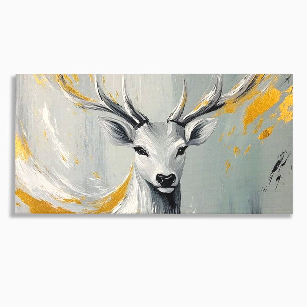 Tablou Canvas Premium, LuxCanva® M1249, Sufletul Alb al Padurii, Cerb, Auriu, Pictura, Alb, Eteric, Artistic, Oniric, Elegant, Nobil, Portret, Coarne, Birou, Living, Camera Copil
