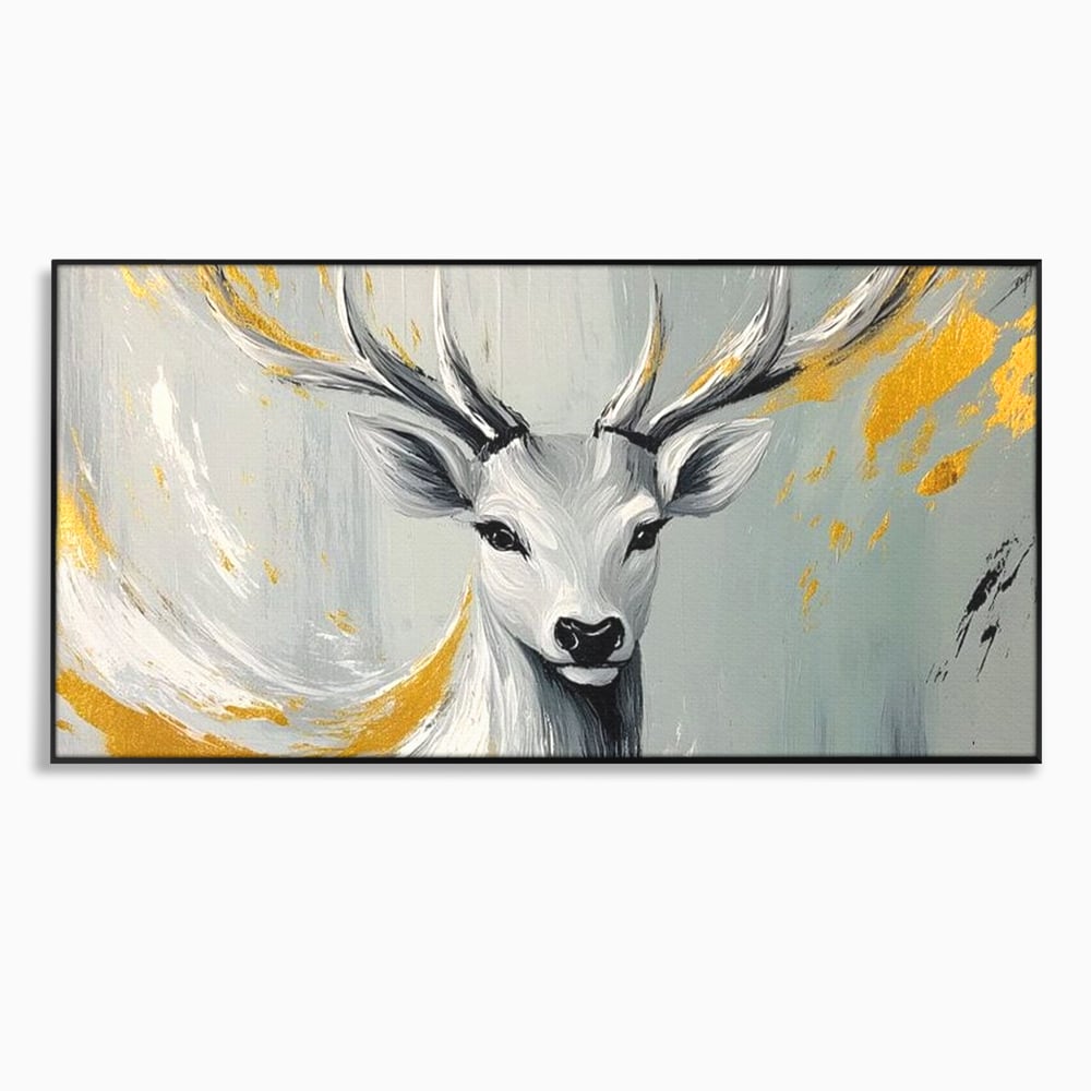 Tablou Canvas Premium, LuxCanva® M1249, Sufletul Alb al Padurii, Cerb, Auriu, Pictura, Alb, Eteric, Artistic, Oniric, Elegant, Nobil, Portret, Coarne, Birou, Living, Camera Copil