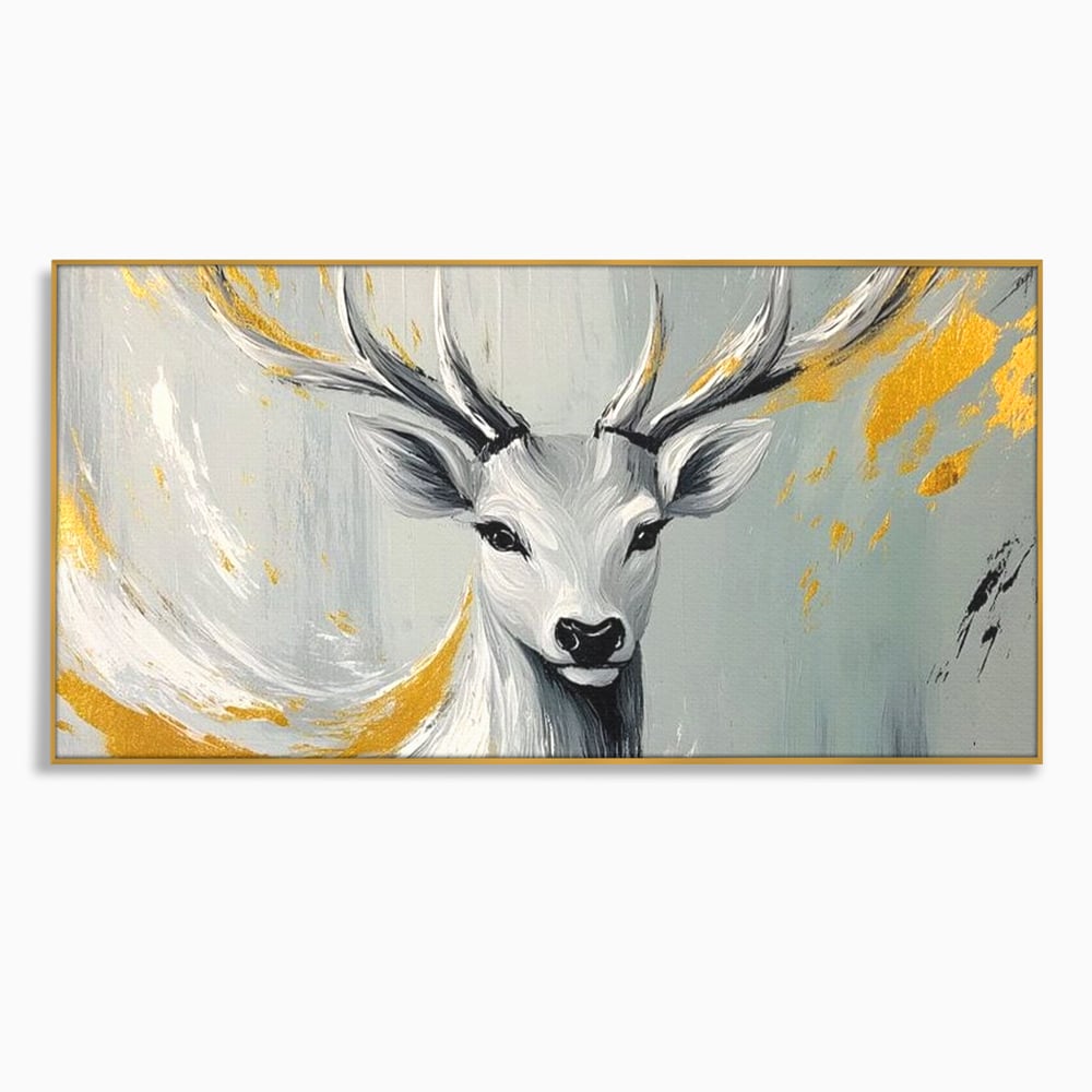 Tablou Canvas Premium, LuxCanva® M1249, Sufletul Alb al Padurii, Cerb, Auriu, Pictura, Alb, Eteric, Artistic, Oniric, Elegant, Nobil, Portret, Coarne, Birou, Living, Camera Copil