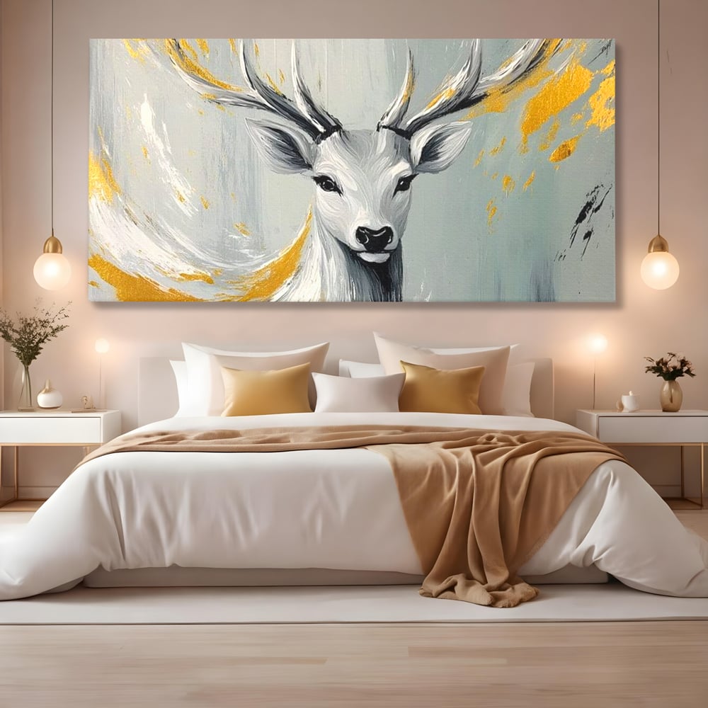 Tablou Canvas Premium, LuxCanva® M1249, Sufletul Alb al Padurii, Cerb, Auriu, Pictura, Alb, Eteric, Artistic, Oniric, Elegant, Nobil, Portret, Coarne, Birou, Living, Camera Copil
