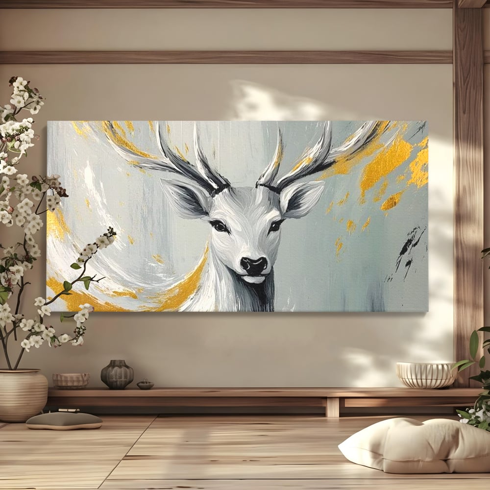 Tablou Canvas Premium, LuxCanva® M1249, Sufletul Alb al Padurii, Cerb, Auriu, Pictura, Alb, Eteric, Artistic, Oniric, Elegant, Nobil, Portret, Coarne, Birou, Living, Camera Copil