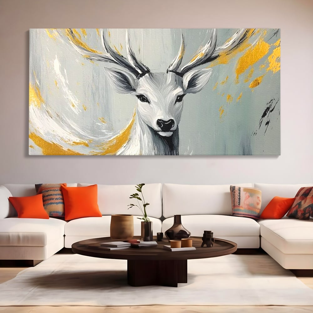 Tablou Canvas Premium, LuxCanva® M1249, Sufletul Alb al Padurii, Cerb, Auriu, Pictura, Alb, Eteric, Artistic, Oniric, Elegant, Nobil, Portret, Coarne, Birou, Living, Camera Copil