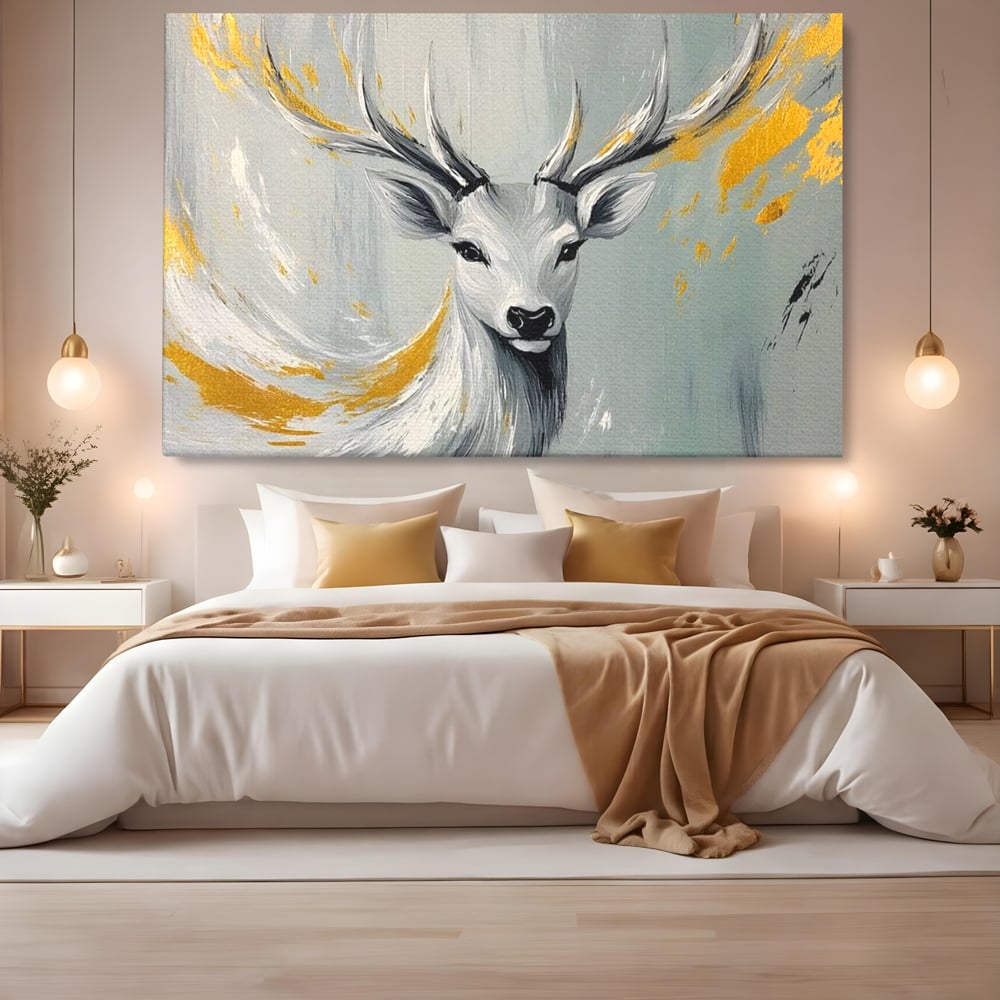 Tablou Canvas Premium, LuxCanva® M1249, Sufletul Alb al Padurii, Cerb, Auriu, Pictura, Alb, Eteric, Artistic, Oniric, Elegant, Nobil, Portret, Coarne, Birou, Living, Camera Copil