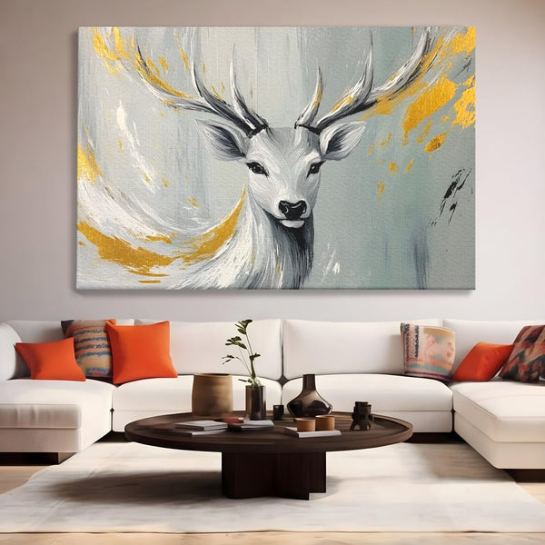 Tablou Canvas Premium, LuxCanva® M1249, Sufletul Alb al Padurii, Cerb, Auriu, Pictura, Alb, Eteric, Artistic, Oniric, Elegant, Nobil, Portret, Coarne, Birou, Living, Camera Copil