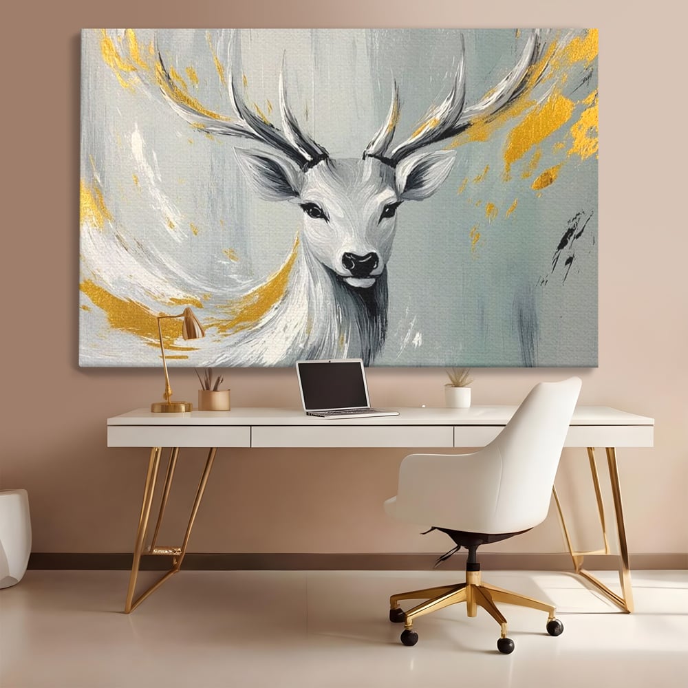 Tablou Canvas Premium, LuxCanva® M1249, Sufletul Alb al Padurii, Cerb, Auriu, Pictura, Alb, Eteric, Artistic, Oniric, Elegant, Nobil, Portret, Coarne, Birou, Living, Camera Copil