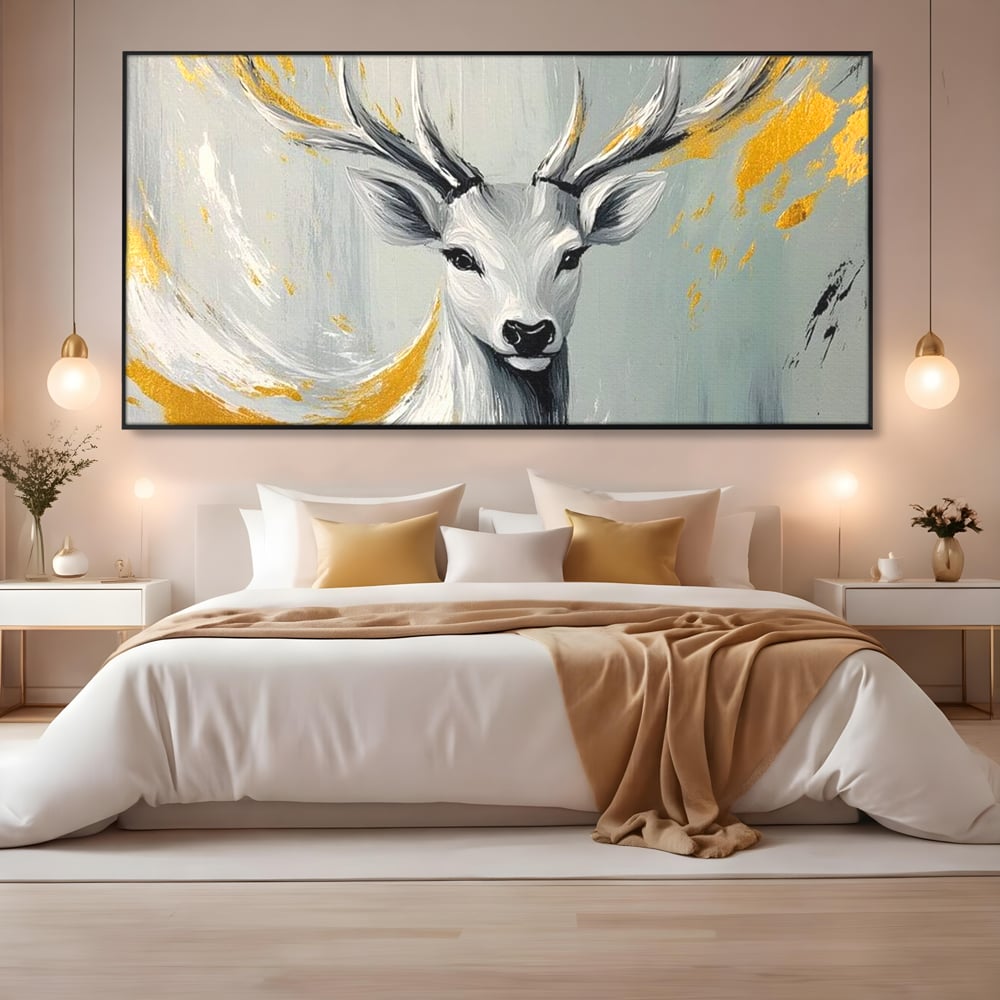 Tablou Canvas Premium, LuxCanva® M1249, Sufletul Alb al Padurii, Cerb, Auriu, Pictura, Alb, Eteric, Artistic, Oniric, Elegant, Nobil, Portret, Coarne, Birou, Living, Camera Copil