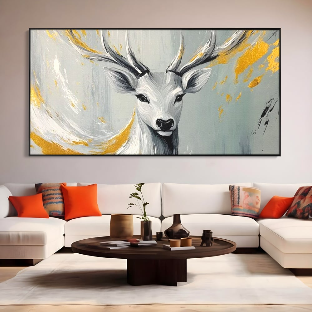 Tablou Canvas Premium, LuxCanva® M1249, Sufletul Alb al Padurii, Cerb, Auriu, Pictura, Alb, Eteric, Artistic, Oniric, Elegant, Nobil, Portret, Coarne, Birou, Living, Camera Copil