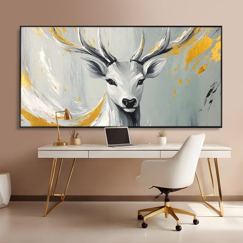 Tablou Canvas Premium, LuxCanva® M1249, Sufletul Alb al Padurii, Cerb, Auriu, Pictura, Alb, Eteric, Artistic, Oniric, Elegant, Nobil, Portret, Coarne, Birou, Living, Camera Copil