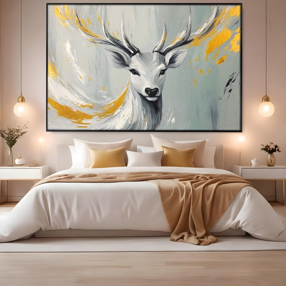 Tablou Canvas Premium, LuxCanva® M1249, Sufletul Alb al Padurii, Cerb, Auriu, Pictura, Alb, Eteric, Artistic, Oniric, Elegant, Nobil, Portret, Coarne, Birou, Living, Camera Copil