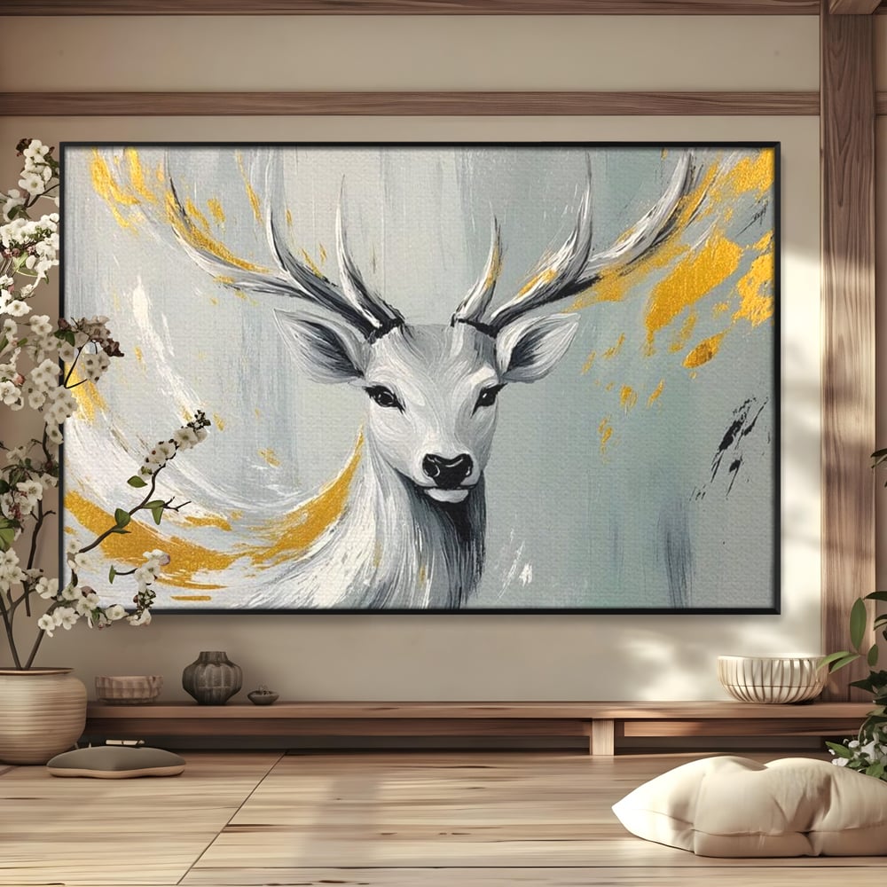 Tablou Canvas Premium, LuxCanva® M1249, Sufletul Alb al Padurii, Cerb, Auriu, Pictura, Alb, Eteric, Artistic, Oniric, Elegant, Nobil, Portret, Coarne, Birou, Living, Camera Copil
