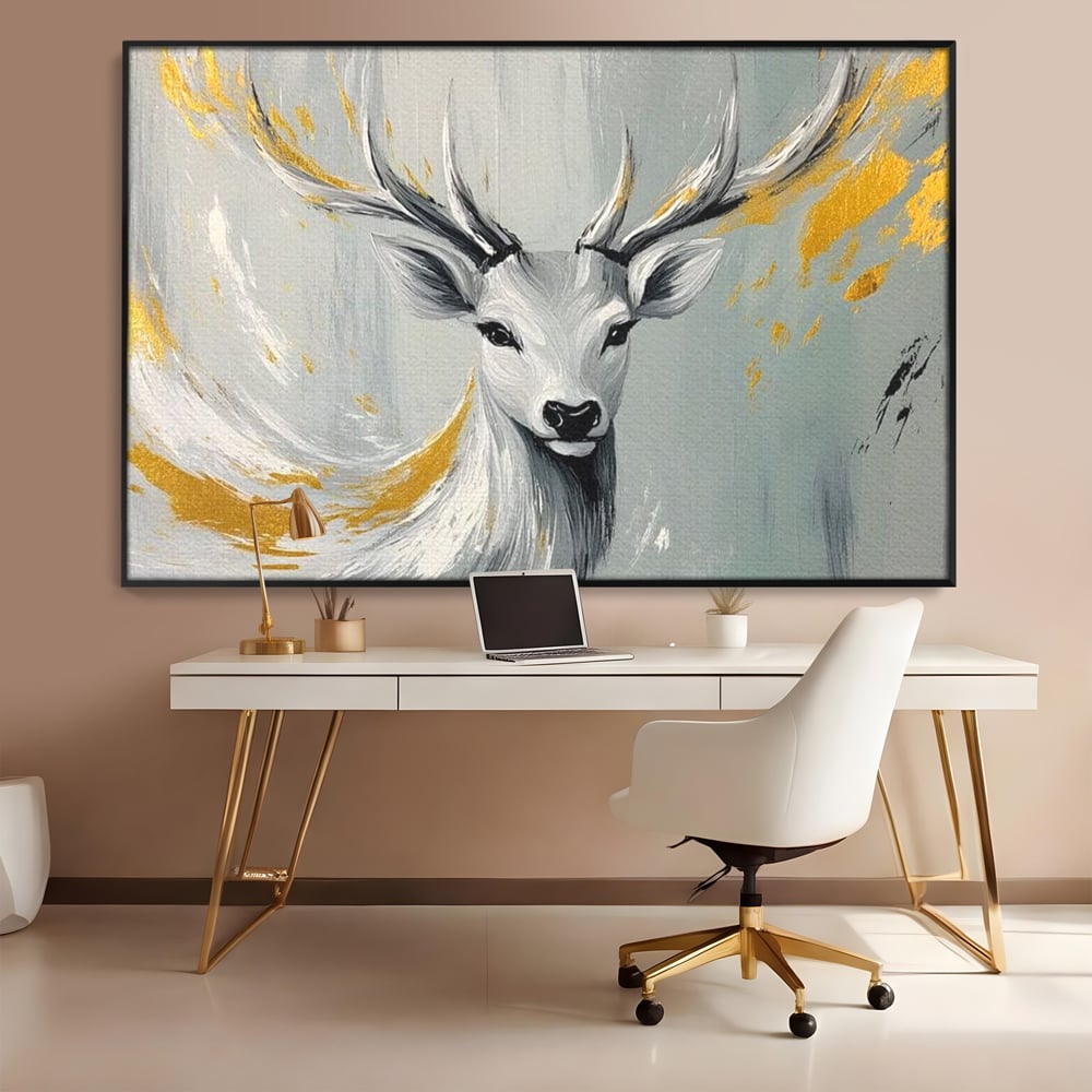 Tablou Canvas Premium, LuxCanva® M1249, Sufletul Alb al Padurii, Cerb, Auriu, Pictura, Alb, Eteric, Artistic, Oniric, Elegant, Nobil, Portret, Coarne, Birou, Living, Camera Copil