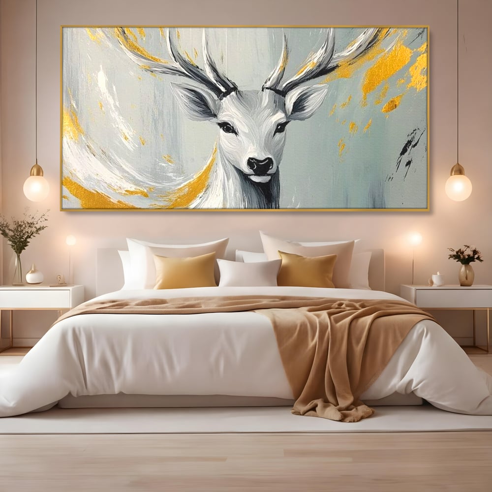 Tablou Canvas Premium, LuxCanva® M1249, Sufletul Alb al Padurii, Cerb, Auriu, Pictura, Alb, Eteric, Artistic, Oniric, Elegant, Nobil, Portret, Coarne, Birou, Living, Camera Copil