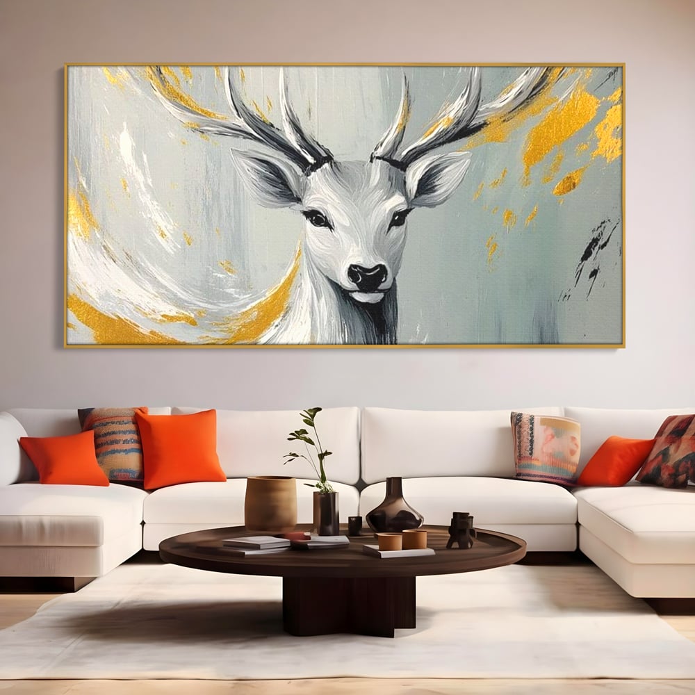 Tablou Canvas Premium, LuxCanva® M1249, Sufletul Alb al Padurii, Cerb, Auriu, Pictura, Alb, Eteric, Artistic, Oniric, Elegant, Nobil, Portret, Coarne, Birou, Living, Camera Copil