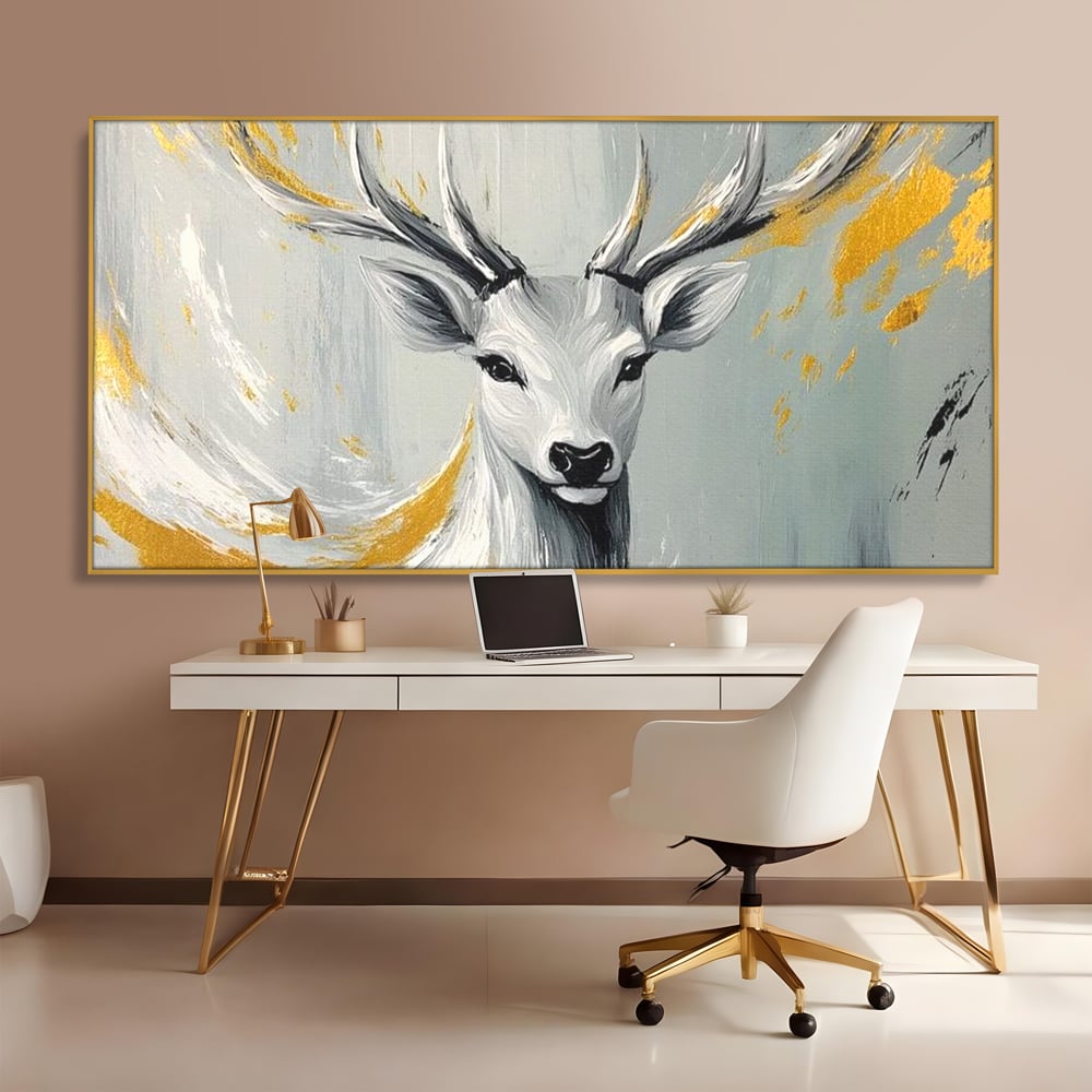 Tablou Canvas Premium, LuxCanva® M1249, Sufletul Alb al Padurii, Cerb, Auriu, Pictura, Alb, Eteric, Artistic, Oniric, Elegant, Nobil, Portret, Coarne, Birou, Living, Camera Copil