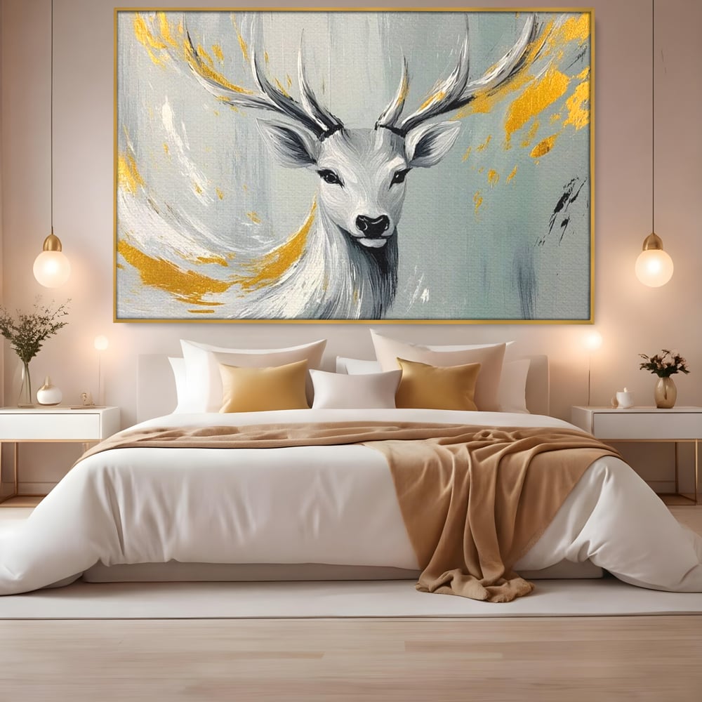 Tablou Canvas Premium, LuxCanva® M1249, Sufletul Alb al Padurii, Cerb, Auriu, Pictura, Alb, Eteric, Artistic, Oniric, Elegant, Nobil, Portret, Coarne, Birou, Living, Camera Copil