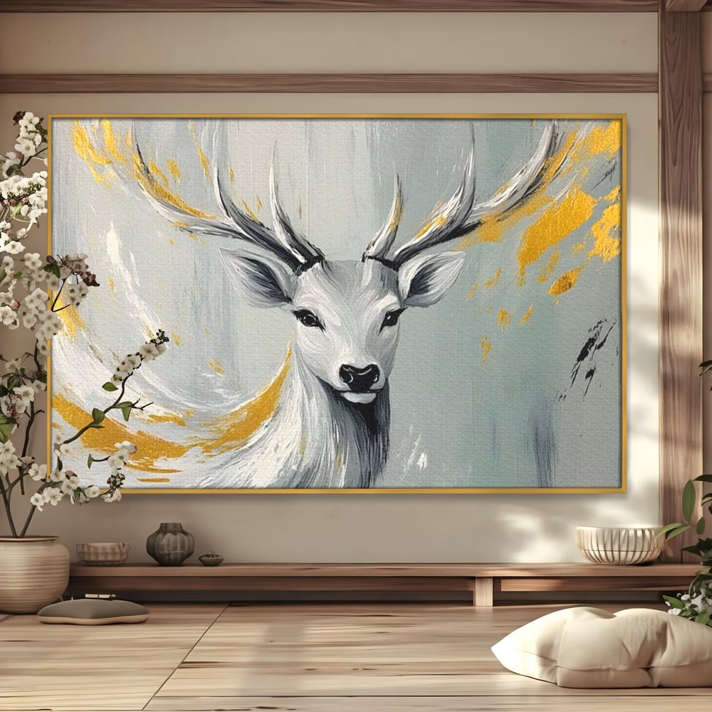 Tablou Canvas Premium, LuxCanva® M1249, Sufletul Alb al Padurii, Cerb, Auriu, Pictura, Alb, Eteric, Artistic, Oniric, Elegant, Nobil, Portret, Coarne, Birou, Living, Camera Copil