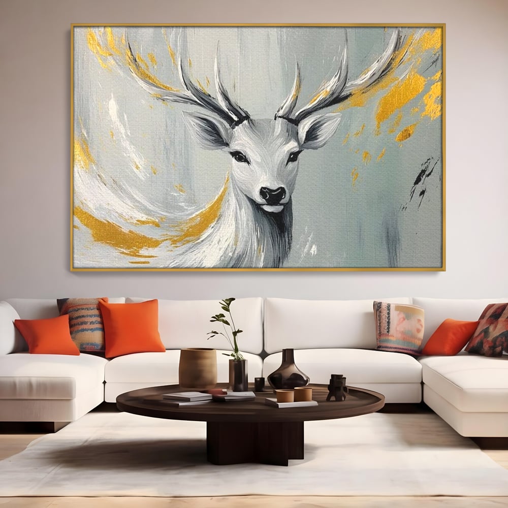 Tablou Canvas Premium, LuxCanva® M1249, Sufletul Alb al Padurii, Cerb, Auriu, Pictura, Alb, Eteric, Artistic, Oniric, Elegant, Nobil, Portret, Coarne, Birou, Living, Camera Copil