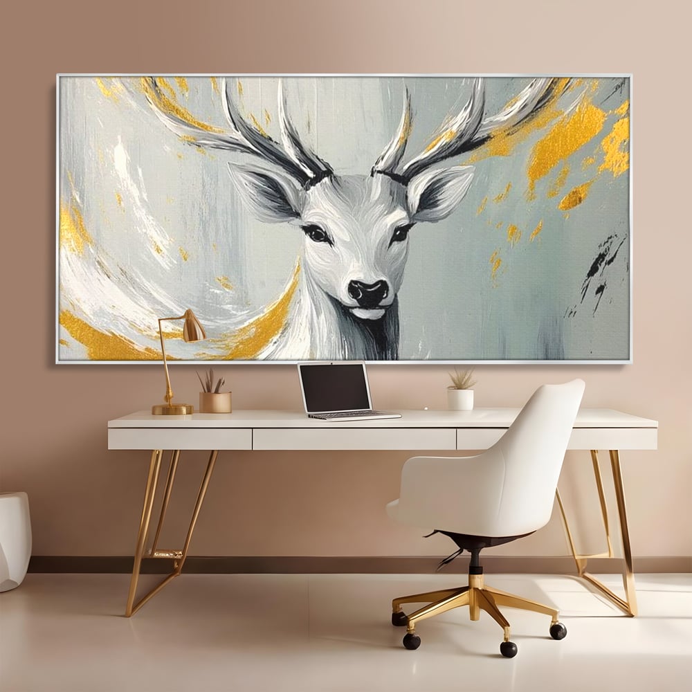 Tablou Canvas Premium, LuxCanva® M1249, Sufletul Alb al Padurii, Cerb, Auriu, Pictura, Alb, Eteric, Artistic, Oniric, Elegant, Nobil, Portret, Coarne, Birou, Living, Camera Copil