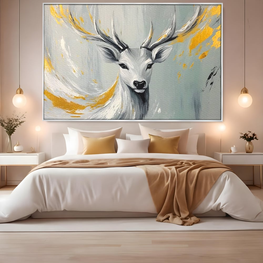 Tablou Canvas Premium, LuxCanva® M1249, Sufletul Alb al Padurii, Cerb, Auriu, Pictura, Alb, Eteric, Artistic, Oniric, Elegant, Nobil, Portret, Coarne, Birou, Living, Camera Copil