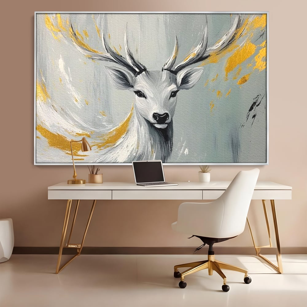 Tablou Canvas Premium, LuxCanva® M1249, Sufletul Alb al Padurii, Cerb, Auriu, Pictura, Alb, Eteric, Artistic, Oniric, Elegant, Nobil, Portret, Coarne, Birou, Living, Camera Copil