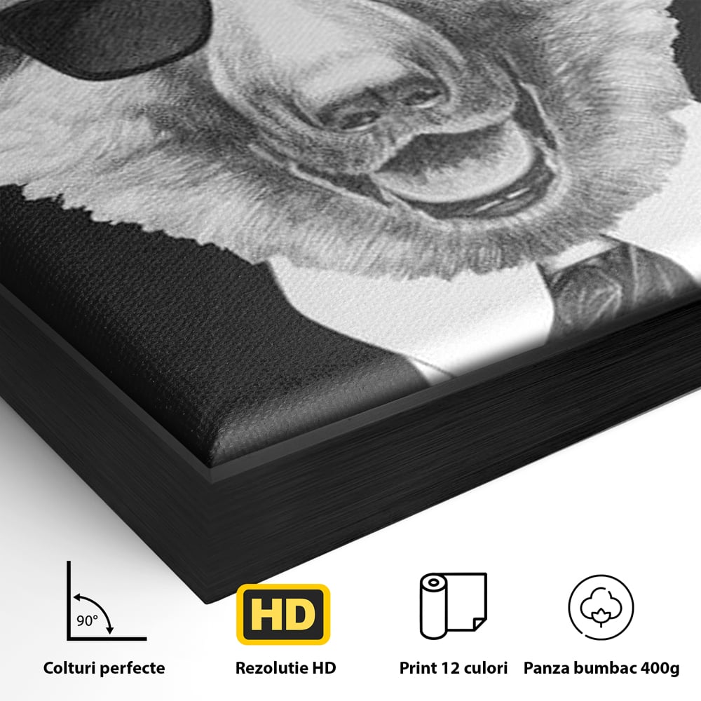 Tablou Canvas Premium, LuxCanva® M1250, Caine de Afaceri, Caine, Costum, Ochelari, Business, Gentleman, Bodyguard, Patruped, Urban, Alb si Negru, Portret, Birou, Living, Camera Copil
