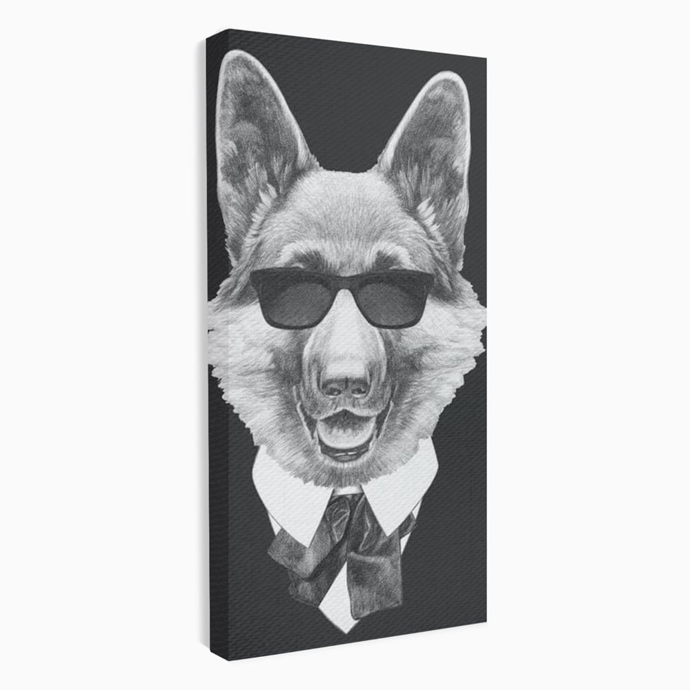Tablou Canvas Premium, LuxCanva® M1250, Caine de Afaceri, Caine, Costum, Ochelari, Business, Gentleman, Bodyguard, Patruped, Urban, Alb si Negru, Portret, Birou, Living, Camera Copil