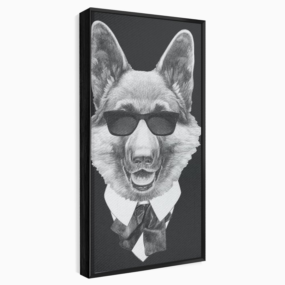 Tablou Canvas Premium, LuxCanva® M1250, Caine de Afaceri, Caine, Costum, Ochelari, Business, Gentleman, Bodyguard, Patruped, Urban, Alb si Negru, Portret, Birou, Living, Camera Copil