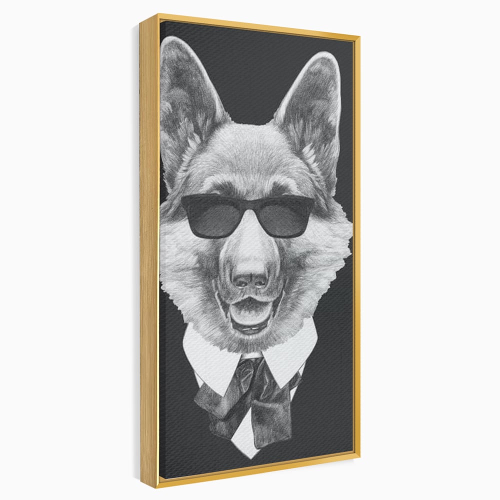 Tablou Canvas Premium, LuxCanva® M1250, Caine de Afaceri, Caine, Costum, Ochelari, Business, Gentleman, Bodyguard, Patruped, Urban, Alb si Negru, Portret, Birou, Living, Camera Copil