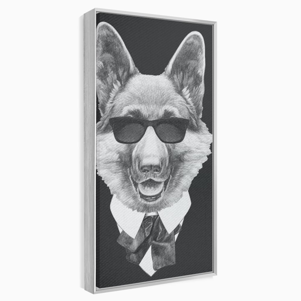 Tablou Canvas Premium, LuxCanva® M1250, Caine de Afaceri, Caine, Costum, Ochelari, Business, Gentleman, Bodyguard, Patruped, Urban, Alb si Negru, Portret, Birou, Living, Camera Copil