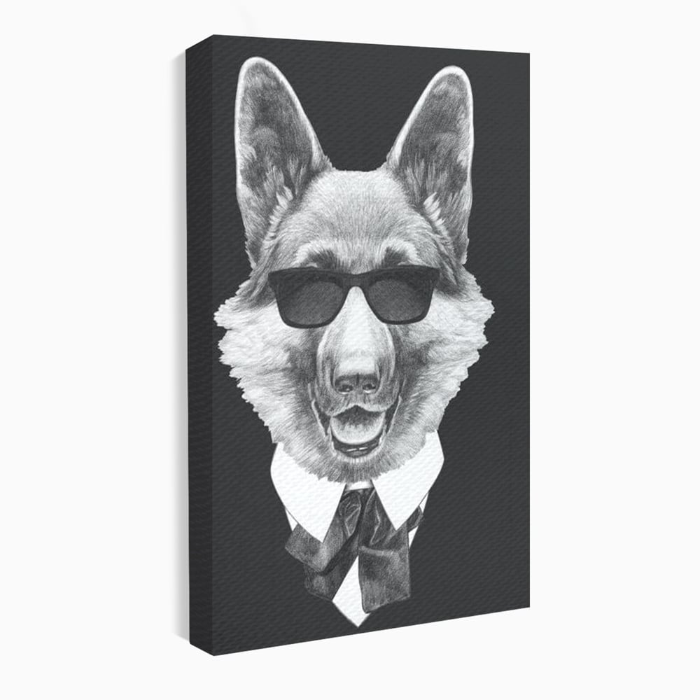 Tablou Canvas Premium, LuxCanva® M1250, Caine de Afaceri, Caine, Costum, Ochelari, Business, Gentleman, Bodyguard, Patruped, Urban, Alb si Negru, Portret, Birou, Living, Camera Copil