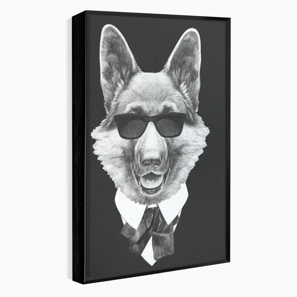 Tablou Canvas Premium, LuxCanva® M1250, Caine de Afaceri, Caine, Costum, Ochelari, Business, Gentleman, Bodyguard, Patruped, Urban, Alb si Negru, Portret, Birou, Living, Camera Copil