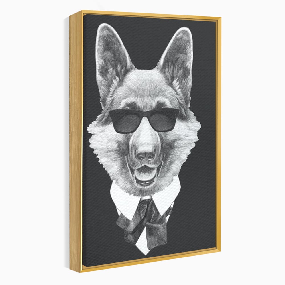 Tablou Canvas Premium, LuxCanva® M1250, Caine de Afaceri, Caine, Costum, Ochelari, Business, Gentleman, Bodyguard, Patruped, Urban, Alb si Negru, Portret, Birou, Living, Camera Copil