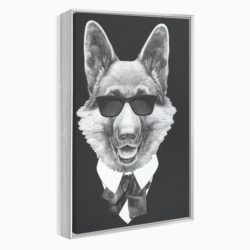 Tablou Canvas Premium, LuxCanva® M1250, Caine de Afaceri, Caine, Costum, Ochelari, Business, Gentleman, Bodyguard, Patruped, Urban, Alb si Negru, Portret, Birou, Living, Camera Copil
