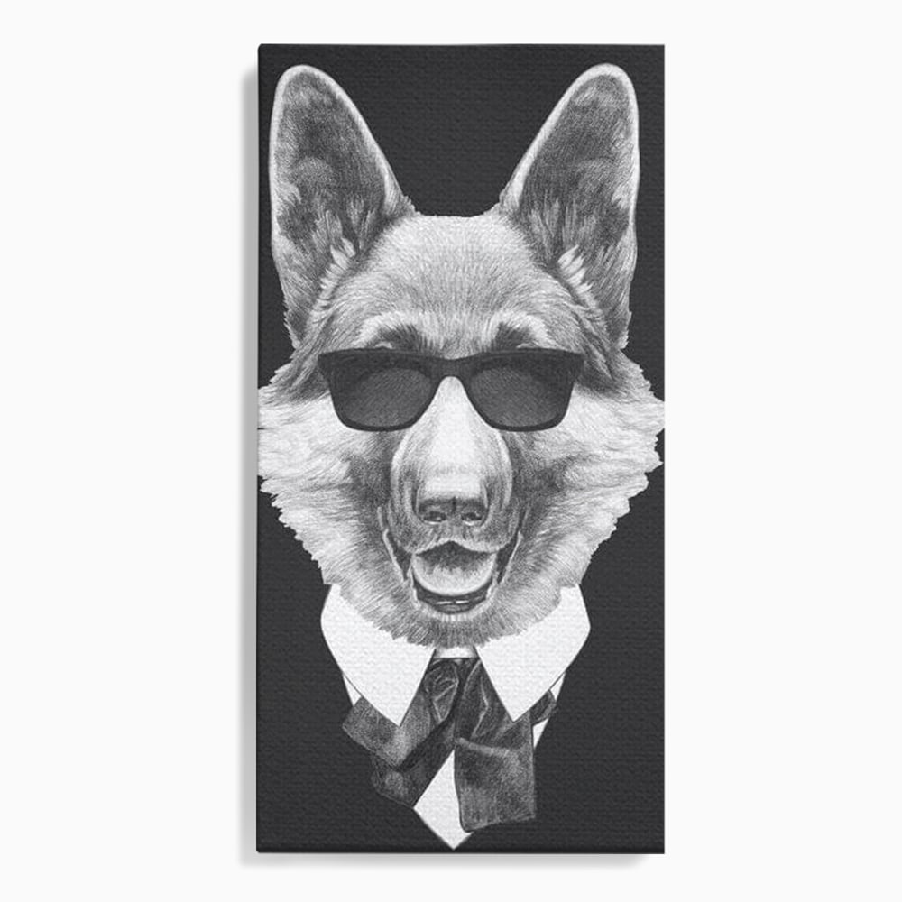 Tablou Canvas Premium, LuxCanva® M1250, Caine de Afaceri, Caine, Costum, Ochelari, Business, Gentleman, Bodyguard, Patruped, Urban, Alb si Negru, Portret, Birou, Living, Camera Copil