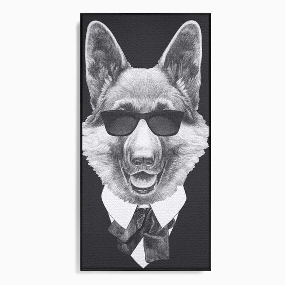 Tablou Canvas Premium, LuxCanva® M1250, Caine de Afaceri, Caine, Costum, Ochelari, Business, Gentleman, Bodyguard, Patruped, Urban, Alb si Negru, Portret, Birou, Living, Camera Copil