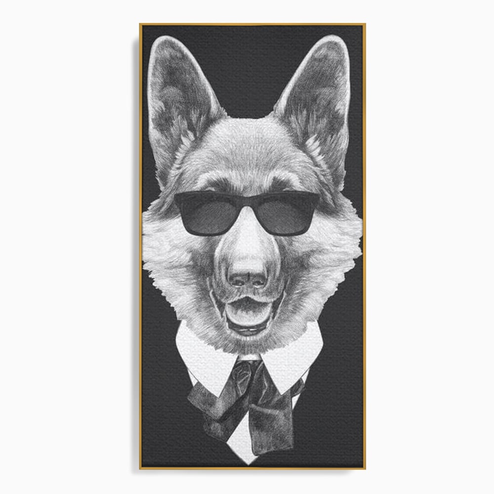 Tablou Canvas Premium, LuxCanva® M1250, Caine de Afaceri, Caine, Costum, Ochelari, Business, Gentleman, Bodyguard, Patruped, Urban, Alb si Negru, Portret, Birou, Living, Camera Copil