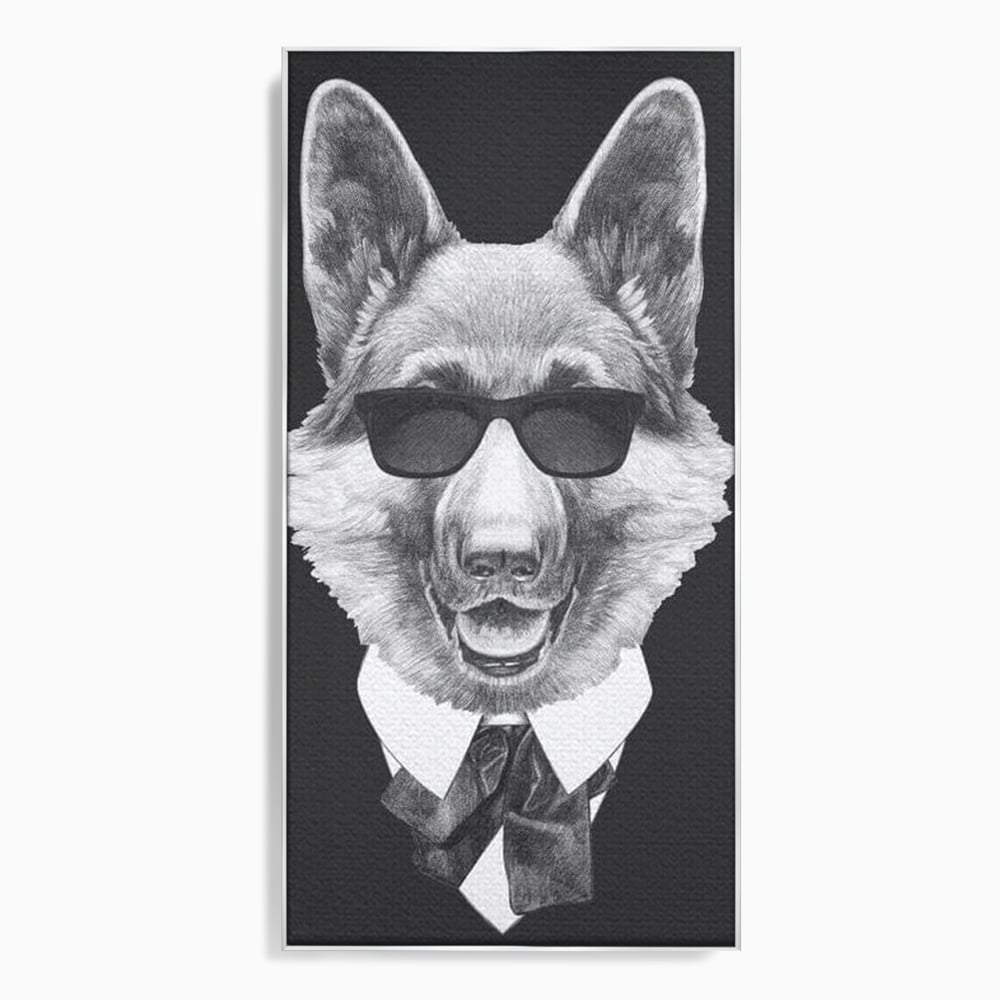 Tablou Canvas Premium, LuxCanva® M1250, Caine de Afaceri, Caine, Costum, Ochelari, Business, Gentleman, Bodyguard, Patruped, Urban, Alb si Negru, Portret, Birou, Living, Camera Copil