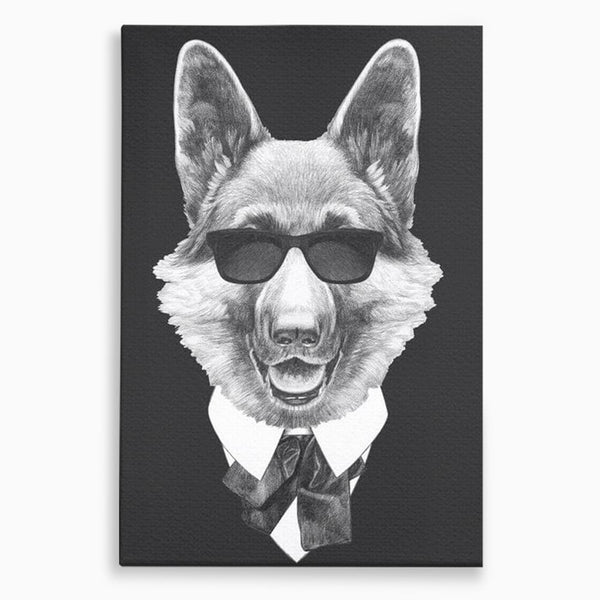 Tablou Canvas Premium, LuxCanva® M1250, Caine de Afaceri, Caine, Costum, Ochelari, Business, Gentleman, Bodyguard, Patruped, Urban, Alb si Negru, Portret, Birou, Living, Camera Copil