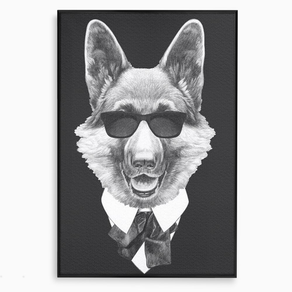 Tablou Canvas Premium, LuxCanva® M1250, Caine de Afaceri, Caine, Costum, Ochelari, Business, Gentleman, Bodyguard, Patruped, Urban, Alb si Negru, Portret, Birou, Living, Camera Copil