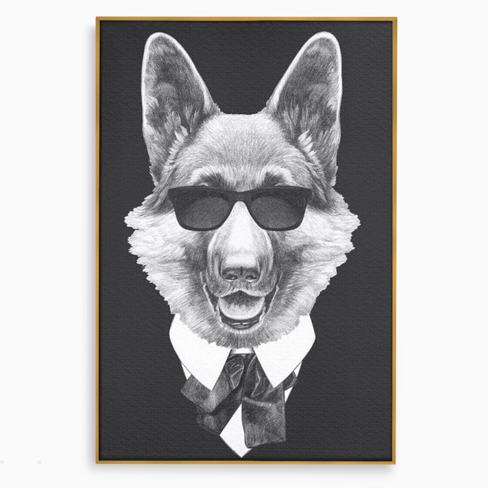 Tablou Canvas Premium, LuxCanva® M1250, Caine de Afaceri, Caine, Costum, Ochelari, Business, Gentleman, Bodyguard, Patruped, Urban, Alb si Negru, Portret, Birou, Living, Camera Copil