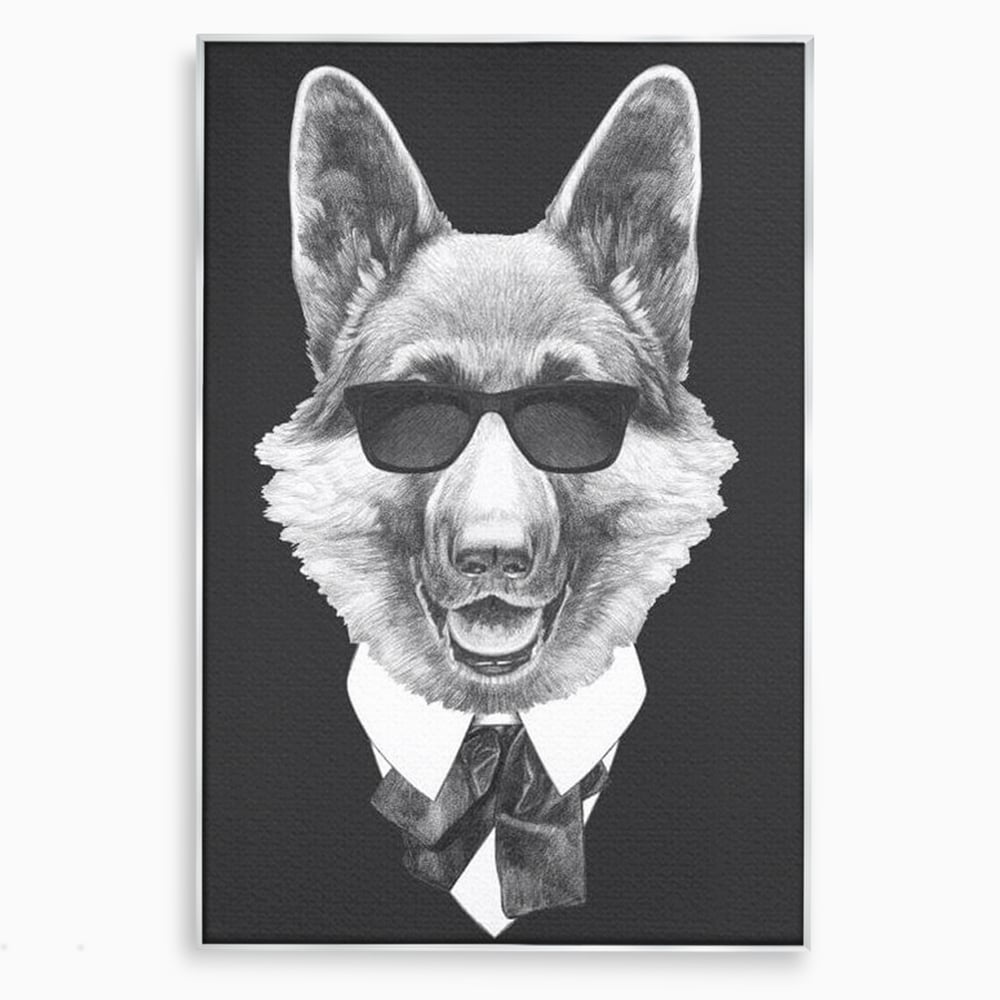 Tablou Canvas Premium, LuxCanva® M1250, Caine de Afaceri, Caine, Costum, Ochelari, Business, Gentleman, Bodyguard, Patruped, Urban, Alb si Negru, Portret, Birou, Living, Camera Copil