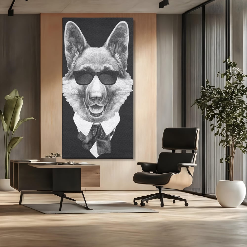 Tablou Canvas Premium, LuxCanva® M1250, Caine de Afaceri, Caine, Costum, Ochelari, Business, Gentleman, Bodyguard, Patruped, Urban, Alb si Negru, Portret, Birou, Living, Camera Copil
