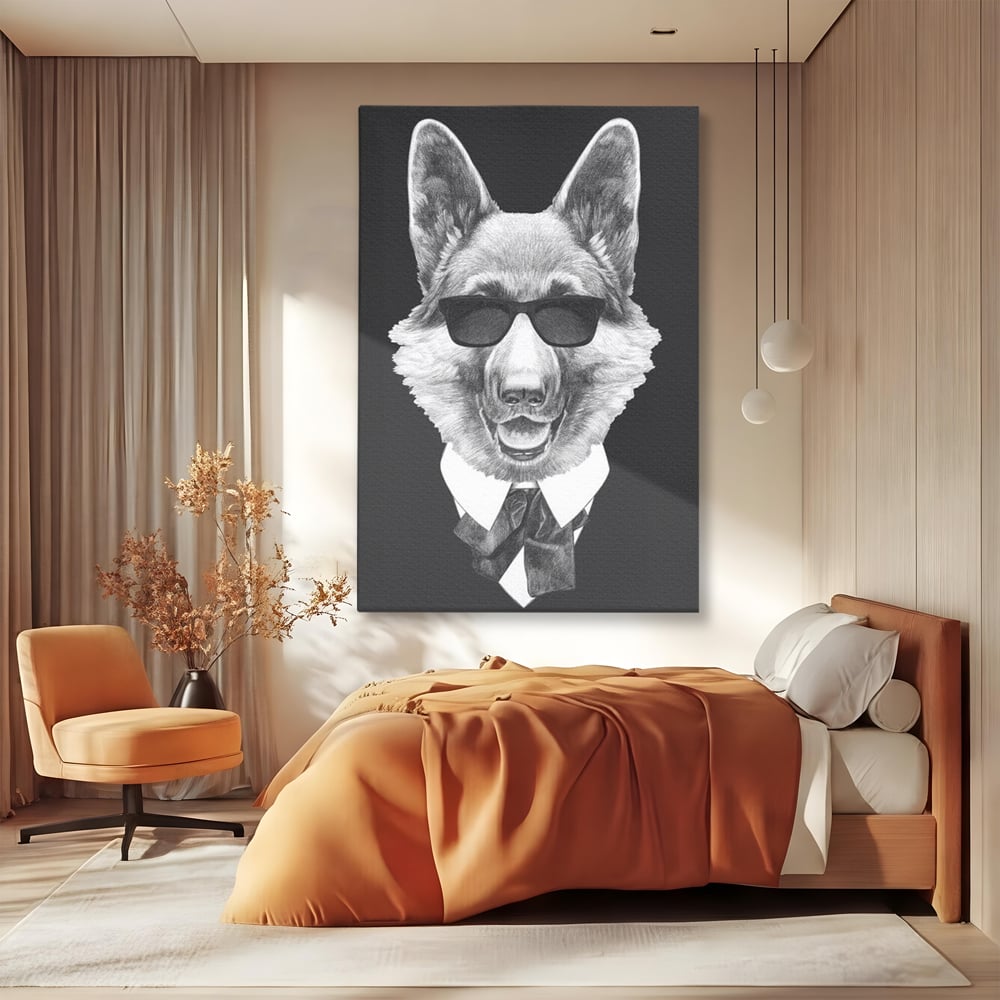Tablou Canvas Premium, LuxCanva® M1250, Caine de Afaceri, Caine, Costum, Ochelari, Business, Gentleman, Bodyguard, Patruped, Urban, Alb si Negru, Portret, Birou, Living, Camera Copil