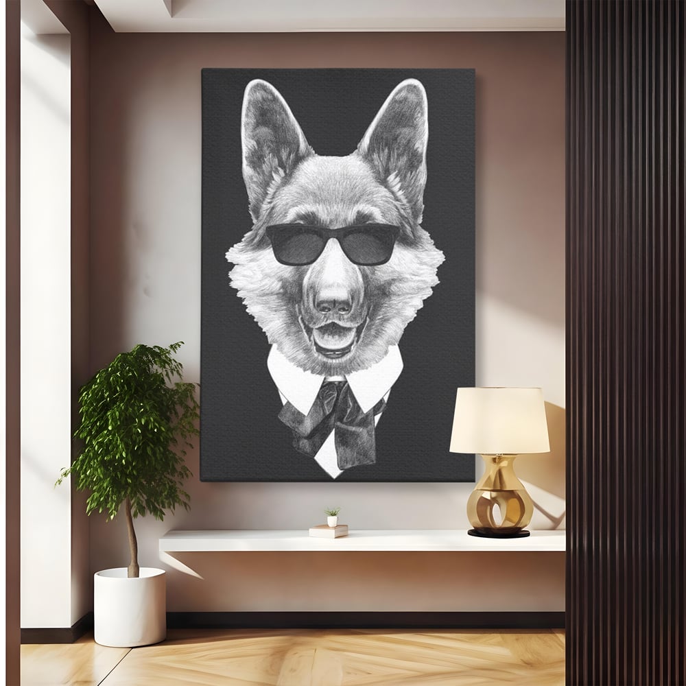 Tablou Canvas Premium, LuxCanva® M1250, Caine de Afaceri, Caine, Costum, Ochelari, Business, Gentleman, Bodyguard, Patruped, Urban, Alb si Negru, Portret, Birou, Living, Camera Copil