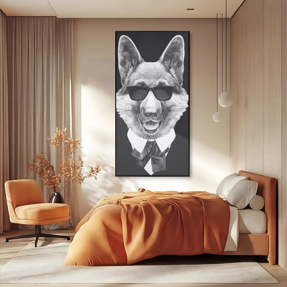 Tablou Canvas Premium, LuxCanva® M1250, Caine de Afaceri, Caine, Costum, Ochelari, Business, Gentleman, Bodyguard, Patruped, Urban, Alb si Negru, Portret, Birou, Living, Camera Copil