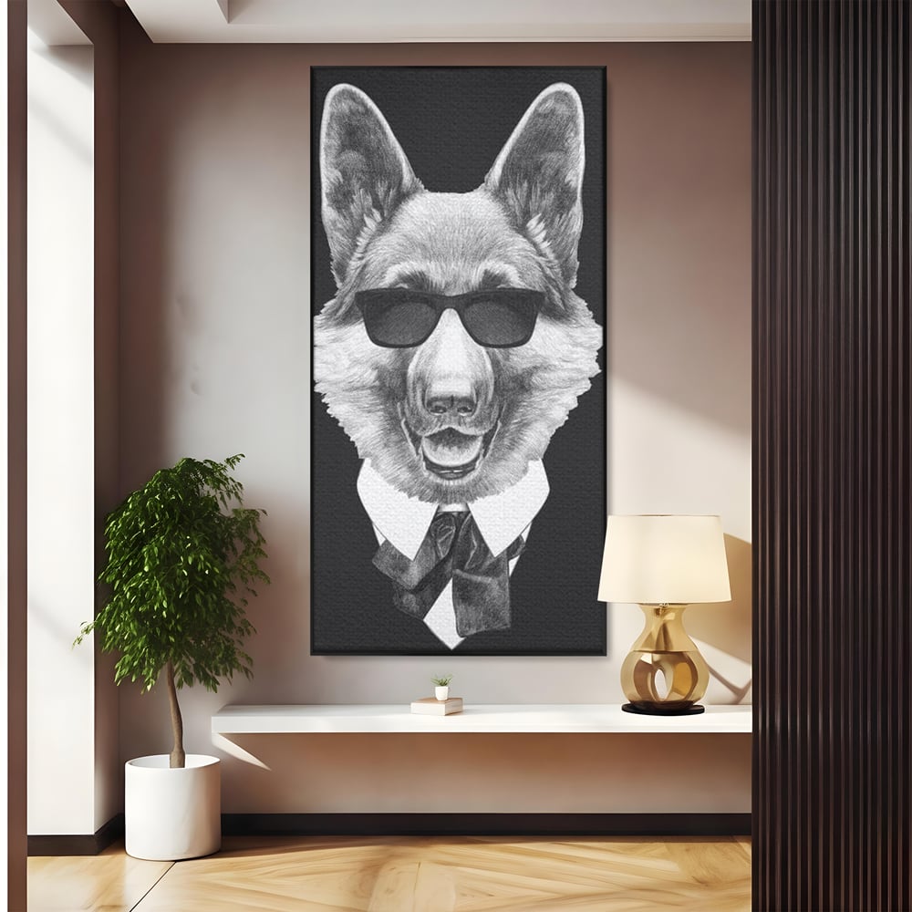 Tablou Canvas Premium, LuxCanva® M1250, Caine de Afaceri, Caine, Costum, Ochelari, Business, Gentleman, Bodyguard, Patruped, Urban, Alb si Negru, Portret, Birou, Living, Camera Copil